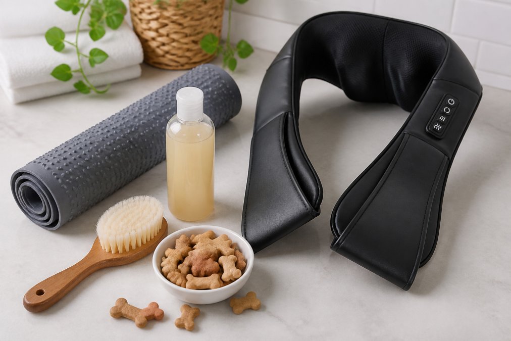 Close-up of quality grooming tools laid out on a clean surface: soft-bristle brush, non-slip rubber mat, gentle natural shampoo bottle, and high-value dog treats arranged neatly