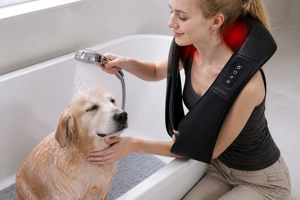 Owner gently bathing a calm dog in a white tub with a non-slip mat visible, warm water running from a handheld showerhead, dog showing relaxed body language with soft eyes and neutral ear position, natural bathroom lighting