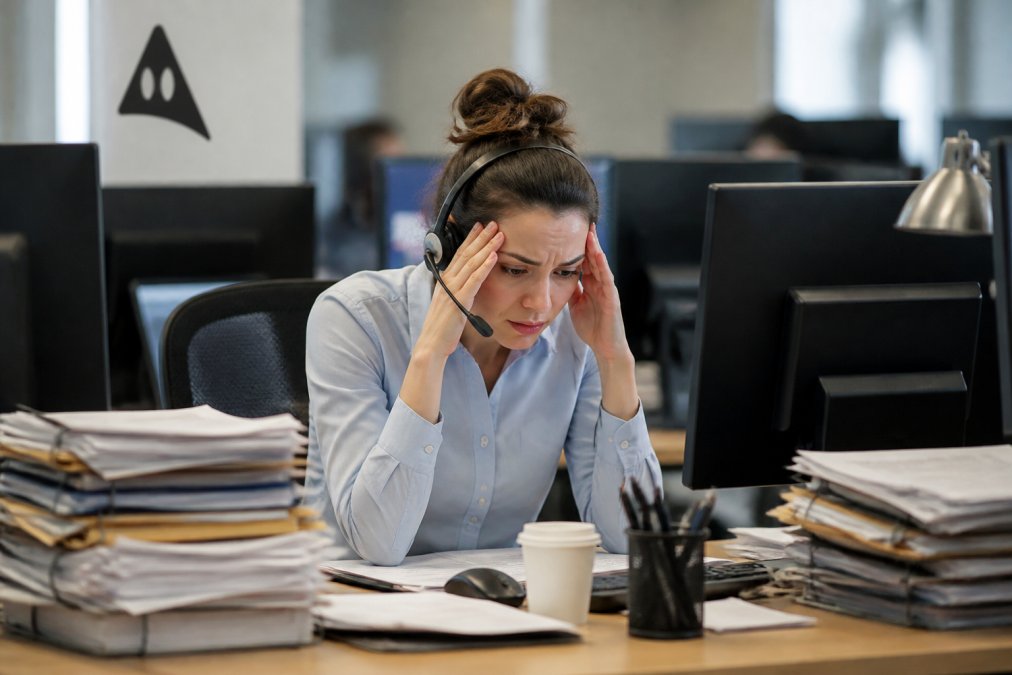Stressed customer service agent at desk surrounded by multiple monitors, phone headset, and stacks of papers, looking overwhelmed during busy hours