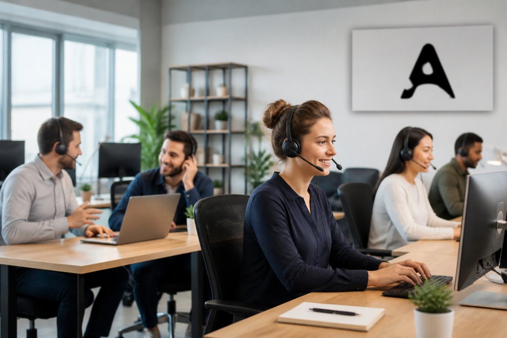 Team of support agents collaborating at modern desks with AI interface displayed on screens, appearing focused and less stressed