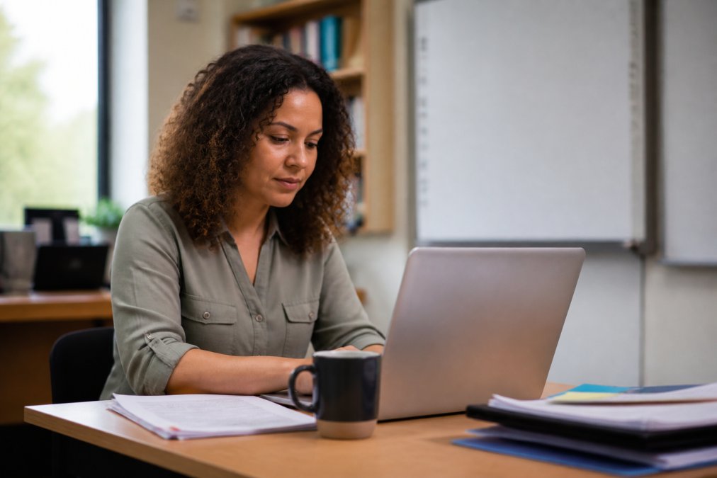 Teacher sitting at desk with laptop, reviewing student responses on screen with a cup of coffee nearby, looking focused but relaxed