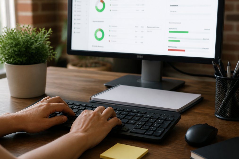 Close-up of hands typing on keyboard while assessment dashboard with progress indicators displays on monitor in background