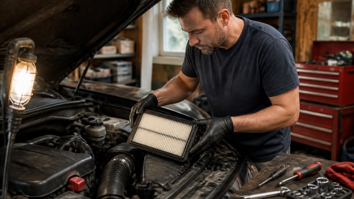 A person checking the air filter in a car engine bay in a home garage, with tools and a shop light nearby
