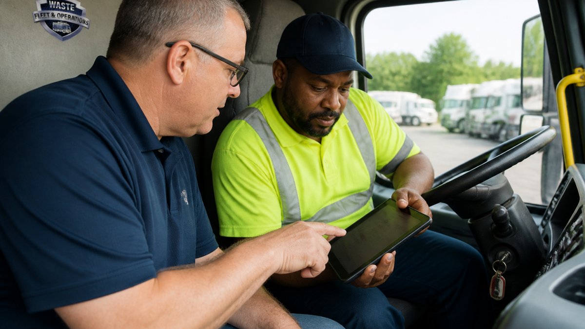 Waste truck driver in cab reviewing idle time data on tablet with supervisor or trainer, both focused on performance metrics displayed on screen, natural lighting through cab window