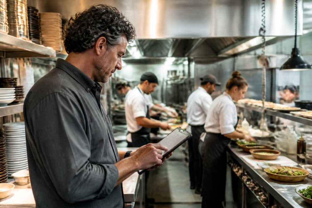 Restaurant manager reviewing operational metrics on a tablet while overseeing a busy kitchen with staff executing service, natural overhead lighting illuminating the workspace