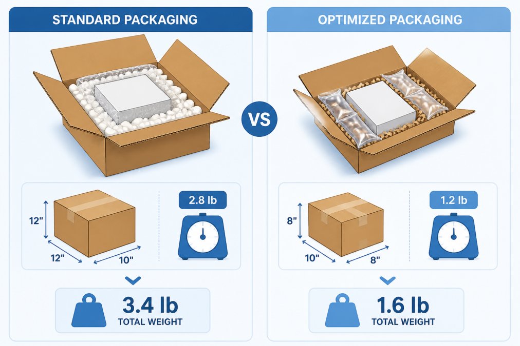 Side-by-side comparison of standard packaging (heavy corrugated box with bubble wrap and packing peanuts) versus optimized packaging (lightweight corrugated, air pillows, kraft paper crinkle) with weight labels and dimensional measurements