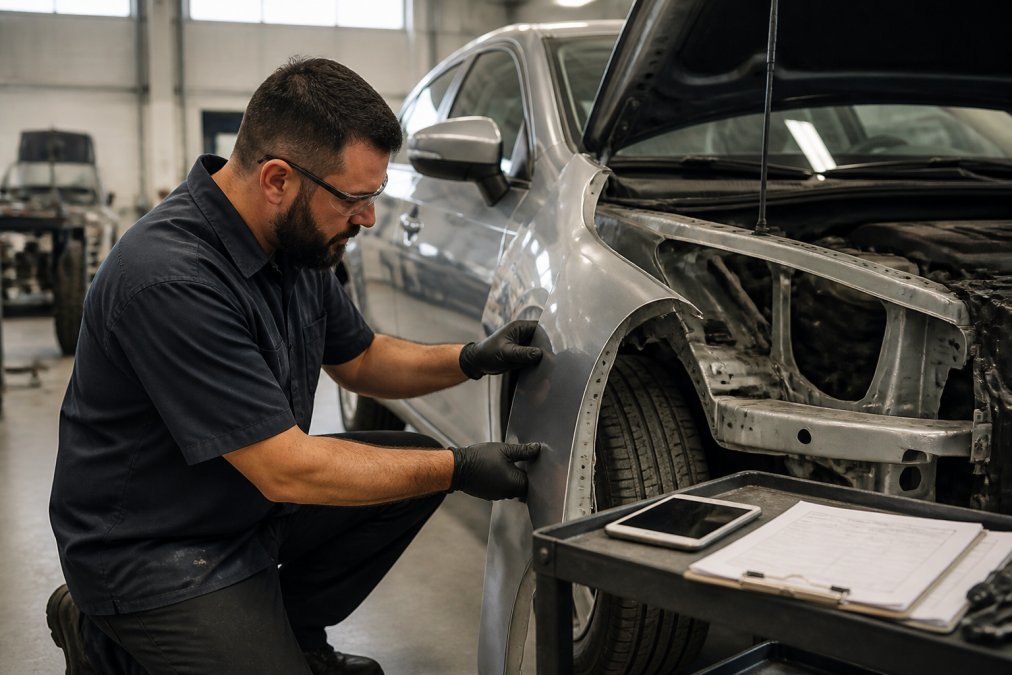 A technician in a modern auto body shop performing a detailed teardown inspection on a damaged vehicle fender, with repair orders and a digital tablet visible on a nearby cart