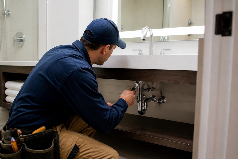 Professional maintenance technician inspecting a bathroom sink and faucet assembly, checking water pressure and connection integrity in a modern hotel bathroom with bright overhead lighting