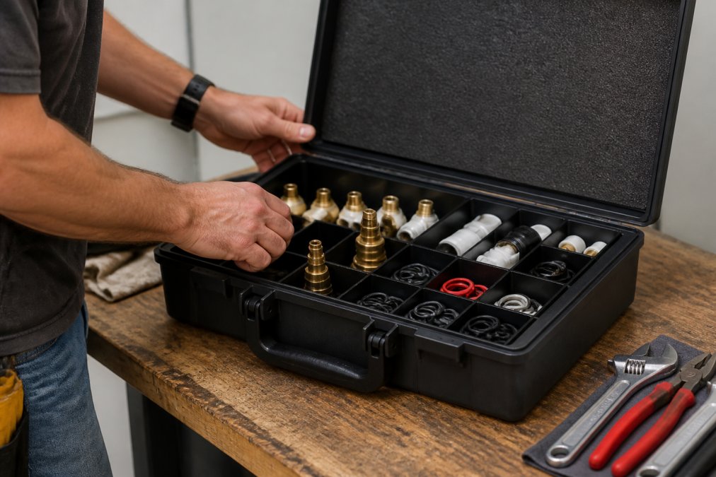 Maintenance worker opening an organized pre-kitted bathroom repair box containing neatly arranged OEM-grade parts, cartridge valves, seals, and tools on a work table with proper lighting