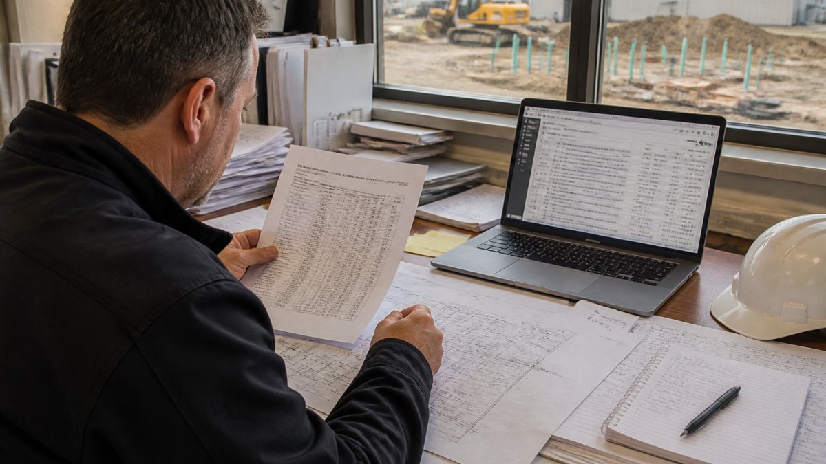 Professional in construction office reviewing multiple bid documents and notes at desk with laptop open showing organized project tracking spreadsheet
