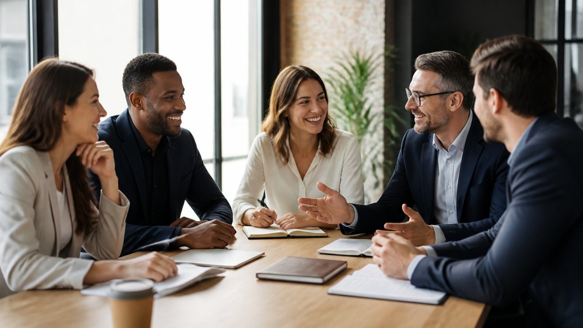 Sales team members gathered around a table in a collaborative meeting, sharing ideas and supporting each other with positive body language and engagement