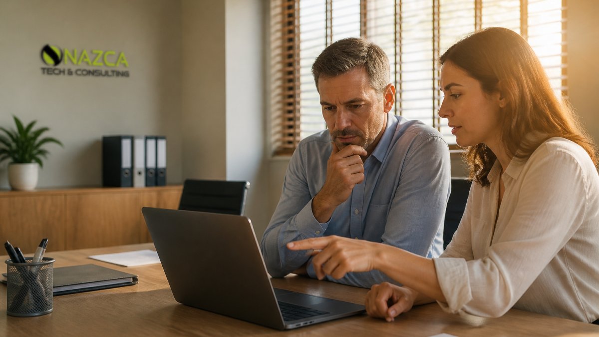 IT manager and business owner reviewing cloud infrastructure costs on a laptop with budget alerts in an office