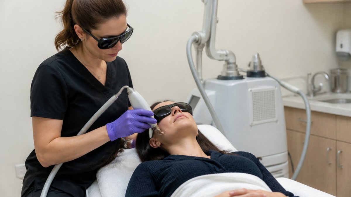 Practitioner performing aesthetic laser treatment in a clinic, reducing downtime for aesthetic laser equipment