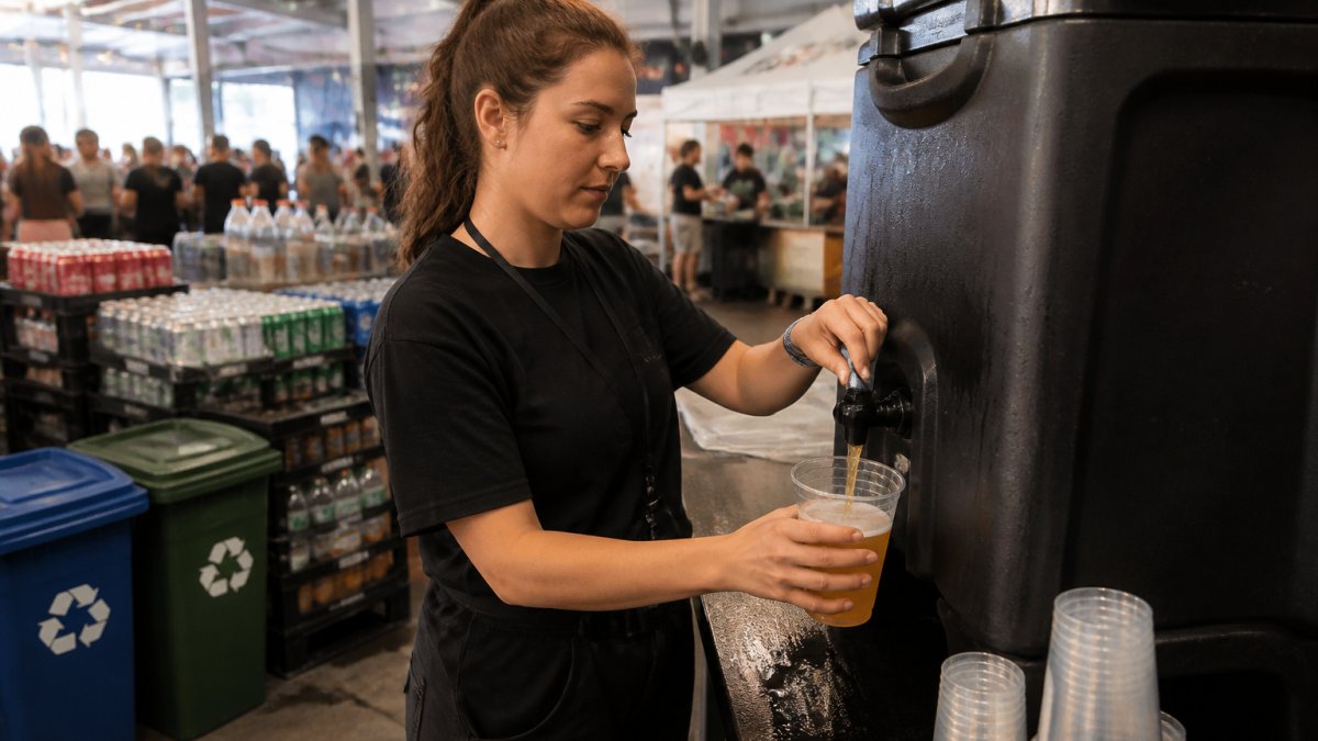 A bar worker at a high volume event filling a reusable plastic cup from a bulk drink dispenser, with stacked crates of drinks and recycling bins visible in the background of a busy venue