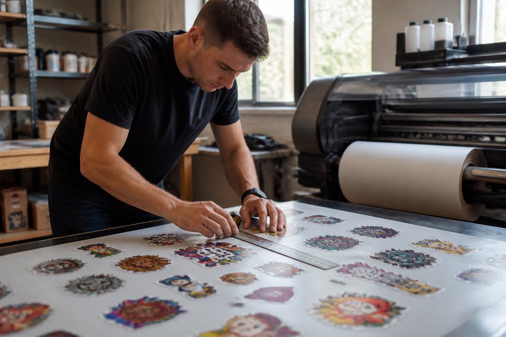 Professional DTF printer operator carefully arranging multiple colourful design transfers on a gang sheet, measuring spacing with precision tools, natural workshop lighting