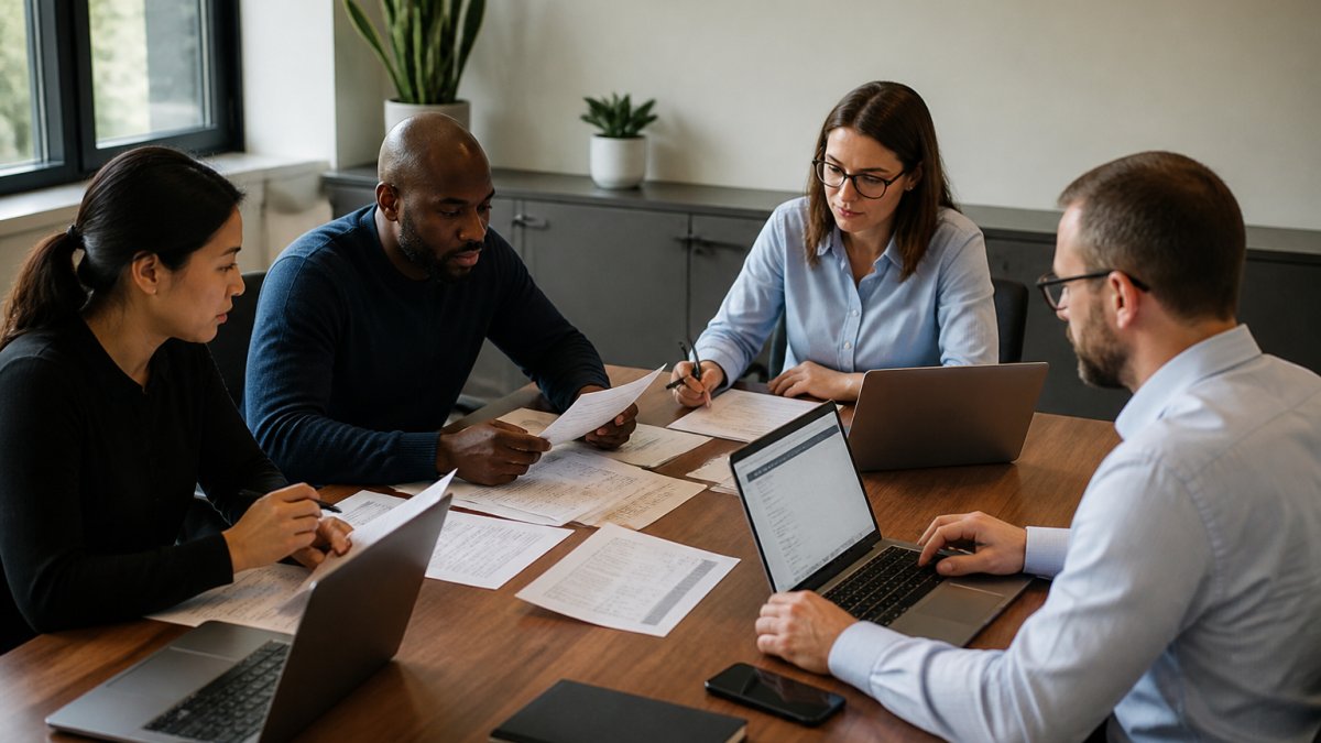 Security team members collaborating at a conference table, reviewing control mappings and assessment documentation on laptops and printed materials, natural office lighting