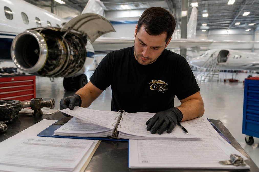 Professional aircraft maintenance technician reviewing engine documentation and scheduling records at a workstation in a modern hangar, with aircraft visible in the background under bright overhead lighting