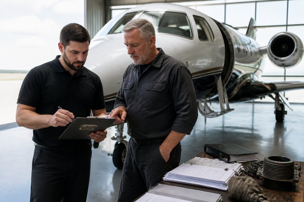 Mechanic and aircraft operator reviewing aircraft maintenance checklist together, holding clipboard with inspection notes and engine records, standing beside aircraft in hangar with natural light