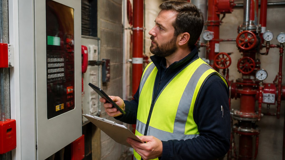 A fire safety technician in a high-vis vest inspecting a commercial building's fire panel with a clipboard and tablet, standing in a plant room with sprinkler valves and pipework visible behind him