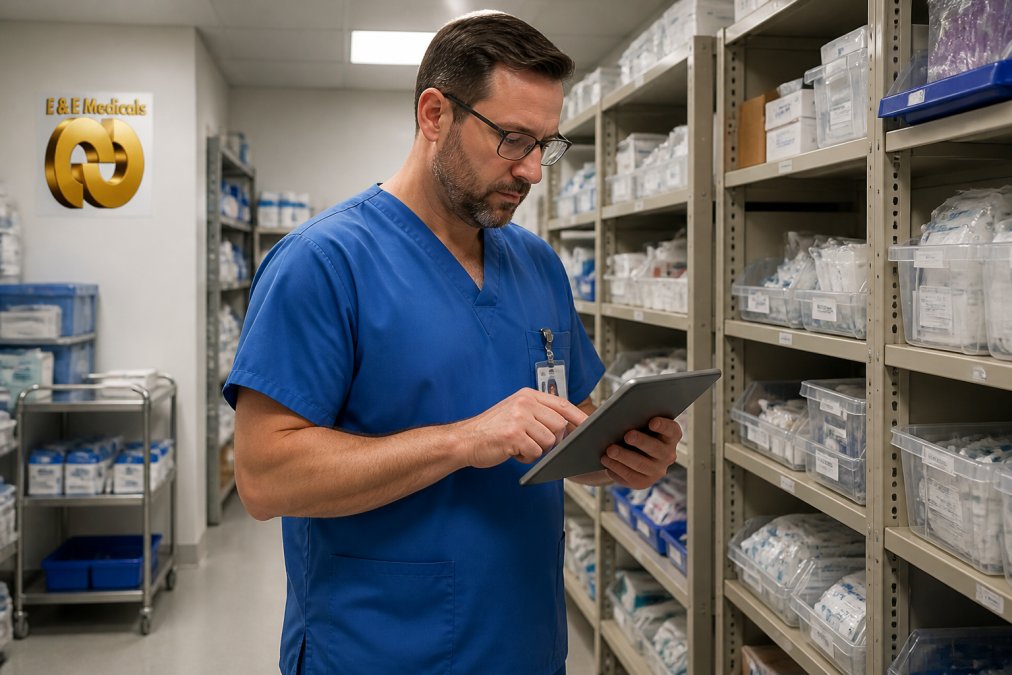 Hospital supply chain manager reviewing medical supply costs on a tablet in a clean, organized storage room