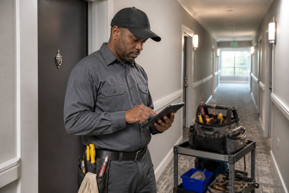 Maintenance technician in uniform reviewing work orders on a tablet in a multifamily apartment hallway, with tools and equipment visible in background