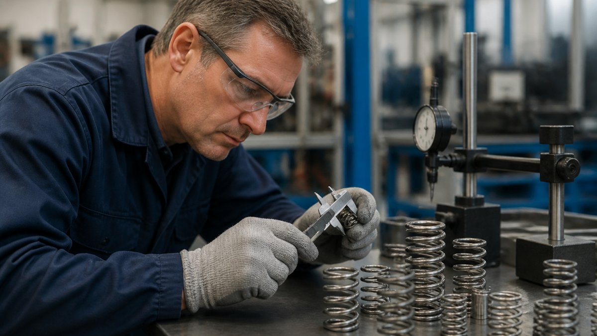 Manufacturing technician inspecting precision-engineered metal springs on an industrial production line