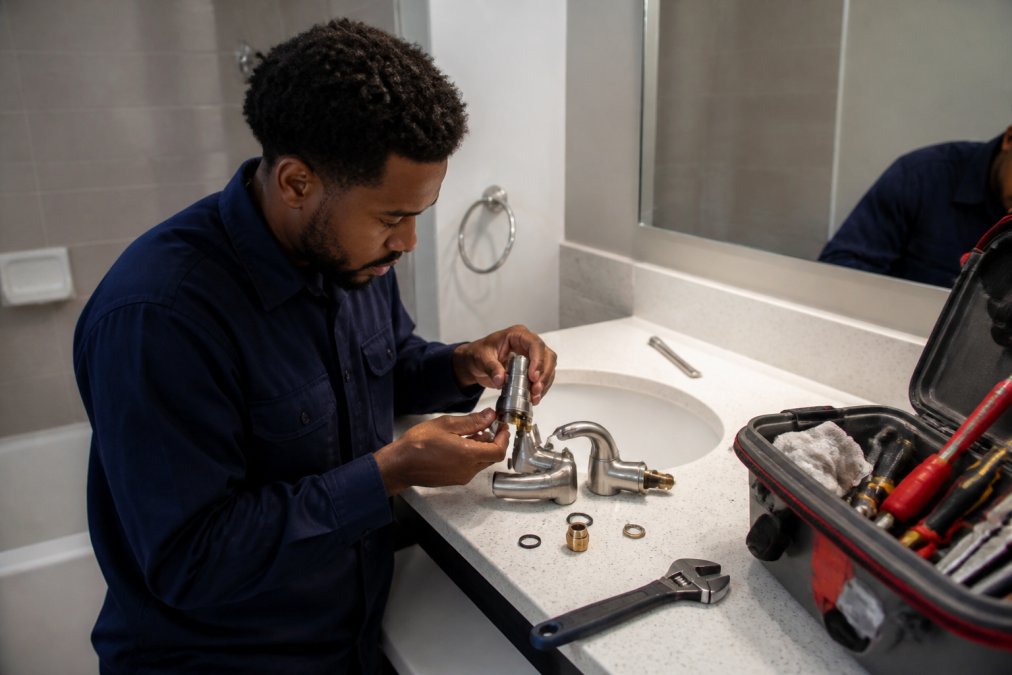 A maintenance technician in a multifamily apartment bathroom examining a disassembled faucet on a countertop, with a toolkit open beside them
