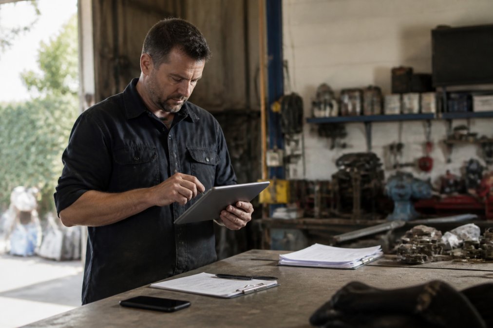 A trade business owner in a work shirt reviewing a tablet while standing in a workshop, with a phone and paperwork nearby on a bench