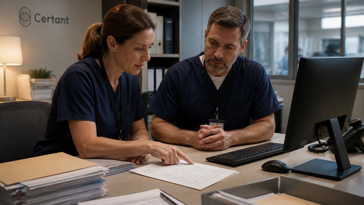 Two healthcare administrators reviewing patient records on a desktop screen in a bright hospital office, one pointing at a printed referral form beside the keyboard