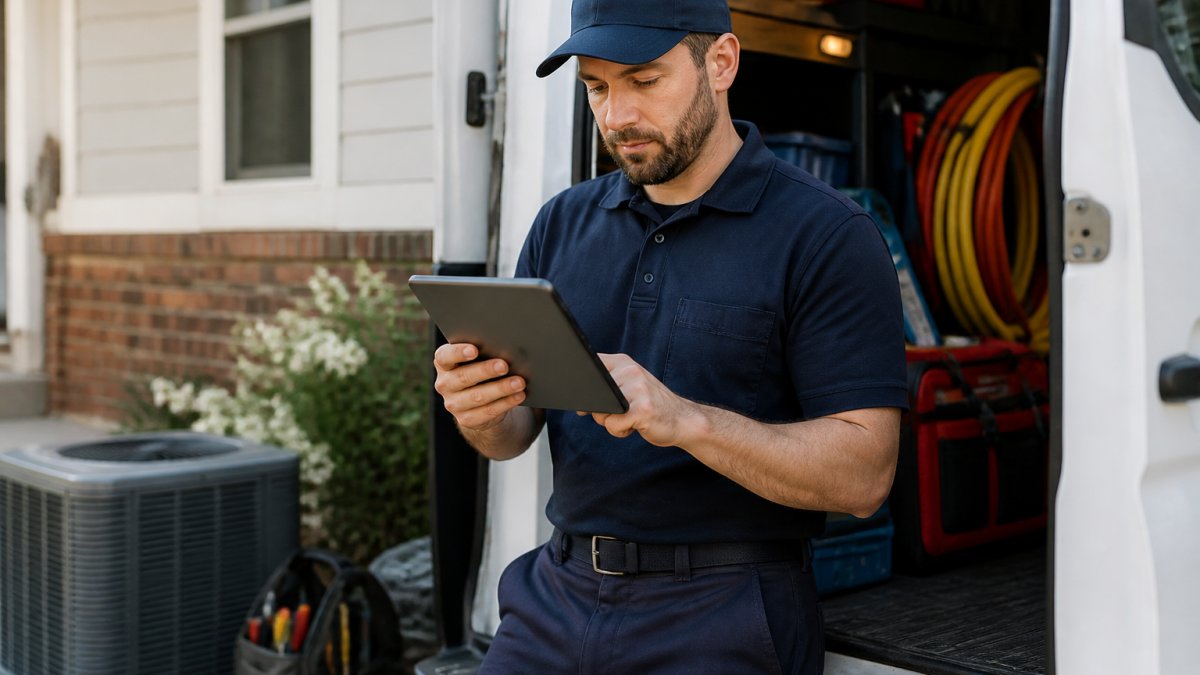 Field technician in work uniform using mobile tablet at residential job site to access work orders and complete digital forms, with tools and equipment visible in background