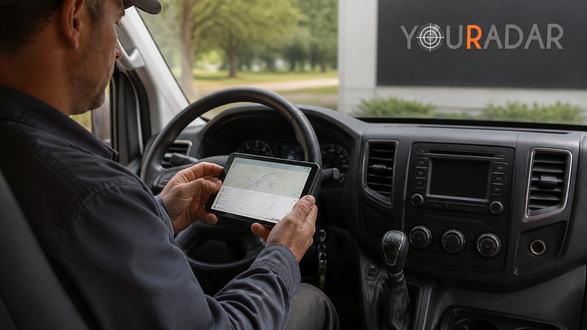 Field service technician in truck cab using mobile device to view dispatch map and job details on screen, with route highlighted and next appointment visible