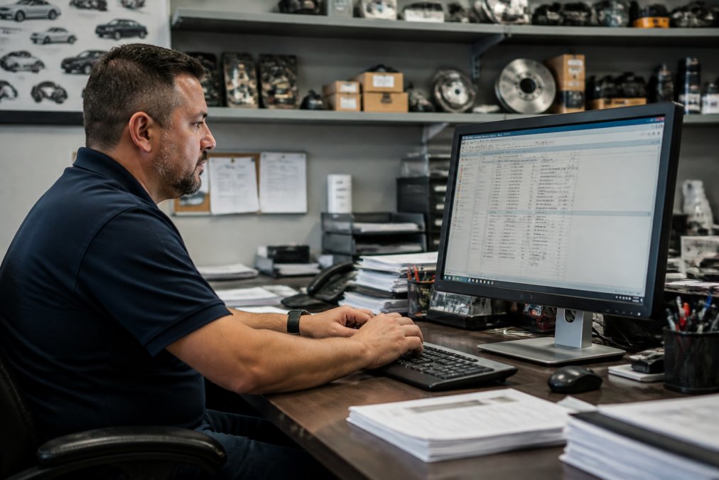 Operations manager reviewing multi-store inventory data on a large desktop monitor in a professional office, automotive parts catalog visible in background