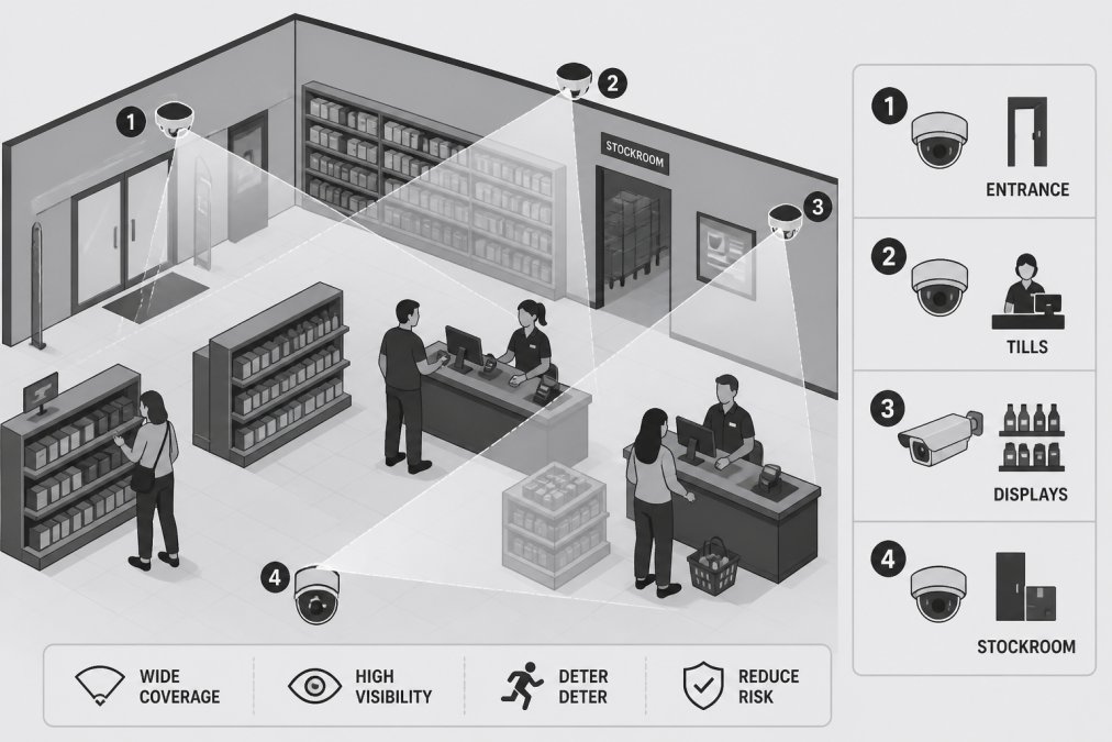 Retail store interior showing multiple camera angles covering a checkout counter with merchandise displays, stockroom entrance visible in background, and varied vantage points capturing customer interactions and staff at tills under bright fluorescent lighting