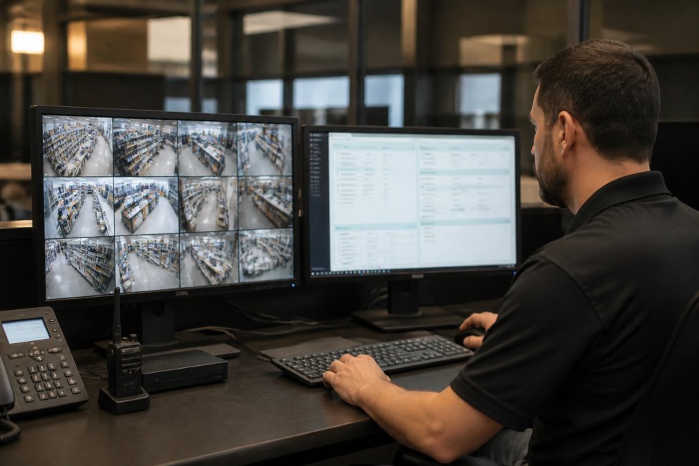 Security monitoring station with professional operator seated at desk viewing multiple screens displaying live CCTV feeds alongside real-time POS transaction data and inventory counts on a modern desktop setup with dual monitors