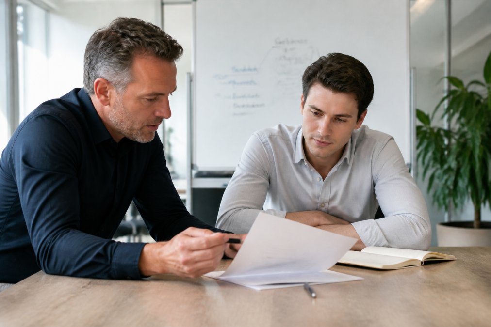 Sales coach and consultant reviewing a training curriculum to accelerate sales ramp up in a bright office setting