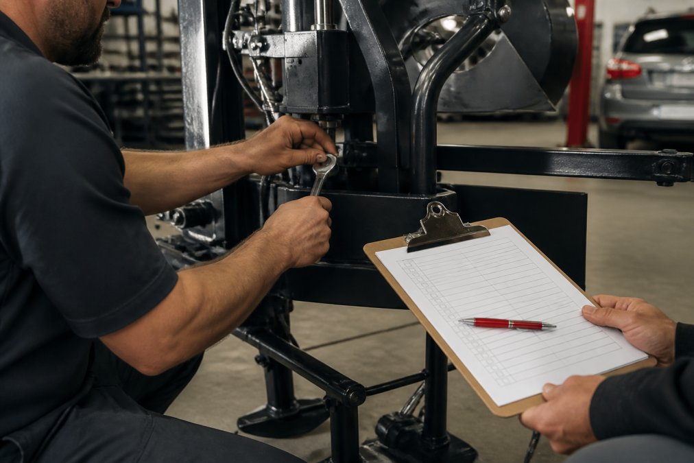 A close-up of a technician's hands using a wrench on a piece of auto body equipment in a clean, well-lit repair shop, with a clipboard showing a checklist nearby