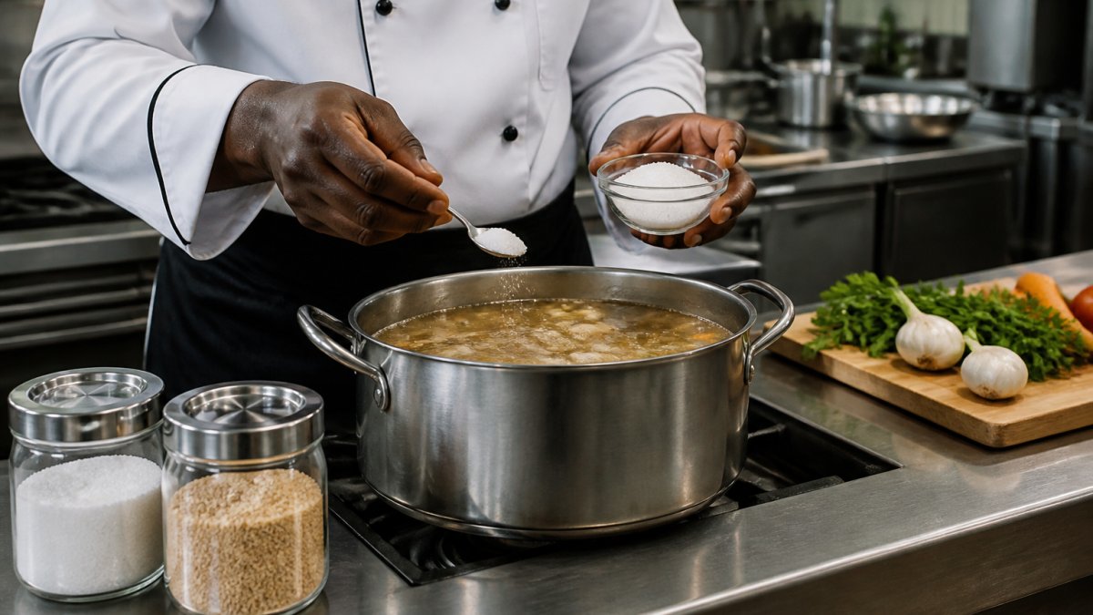 Infographic showing a step-by-step process for reducing sodium with MSG while seasoning a pot of soup.