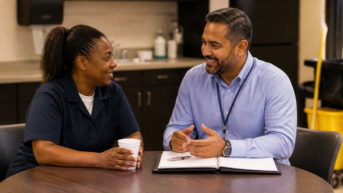 Facility manager having a one-on-one conversation with a cleaning staff member in a break room, both smiling, showing positive workplace relationship and engagement
