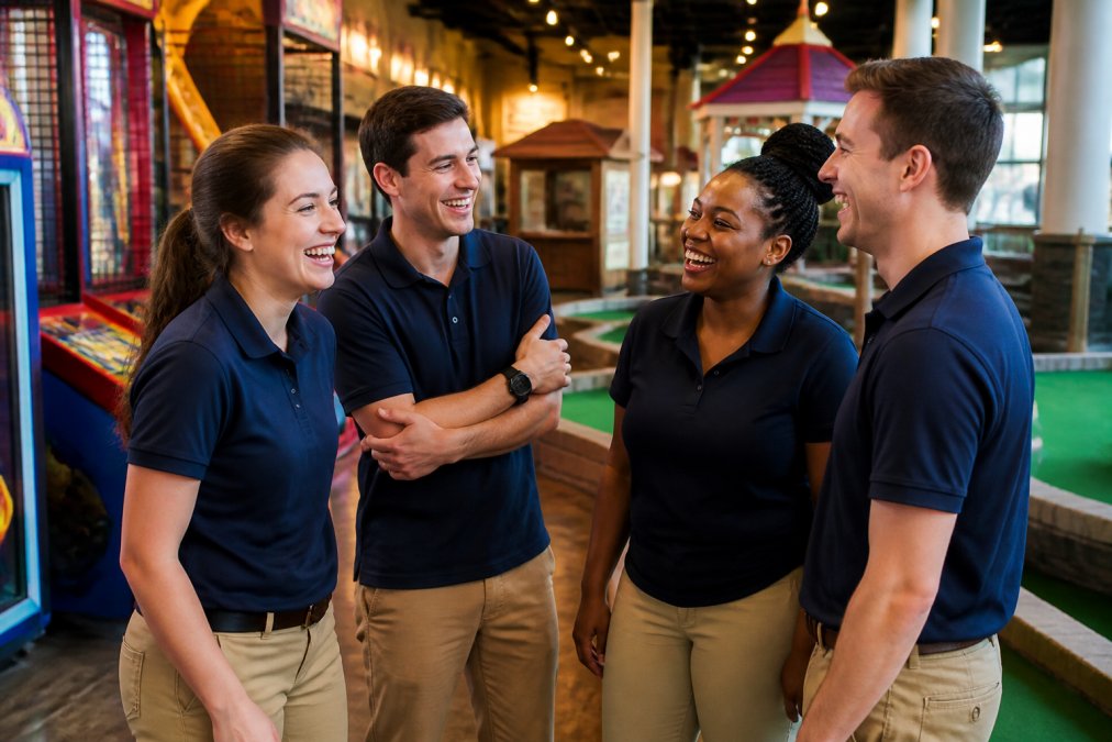 Happy hourly workers laughing together during a break to help reduce staff turnover at an entertainment center.