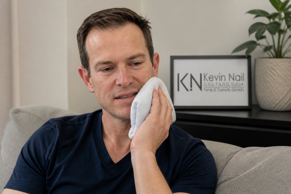 Close-up of a person's face applying a cold compress wrapped in white cloth to their cheek following oral surgery, showing proper hand placement and comfort positioning in natural home lighting