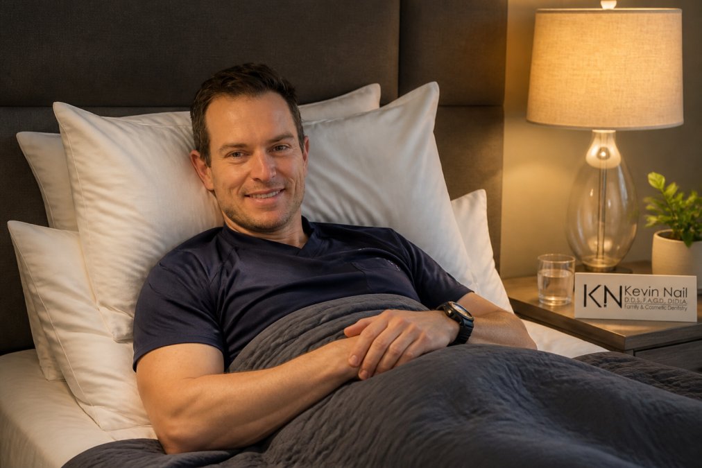 Patient resting in bed with their head elevated on three supportive pillows, demonstrating proper post-operative sleeping position with neutral neck alignment and good lighting from bedside lamp