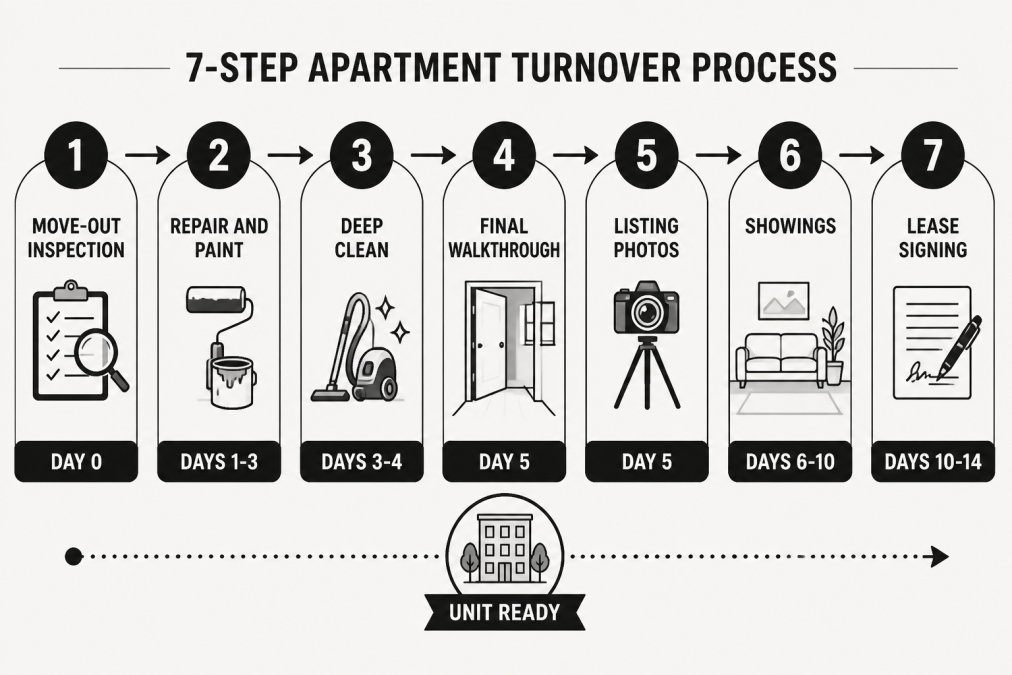 Flowchart of the 7-step apartment turnover process from move-out inspection to unit ready, showing day ranges: 1) Move-out inspection Day 0, 2) Repair and paint Days 1-3, 3) Deep clean Days 3-4, 4) Final walkthrough Day 5, 5) Listing photos Day 5, 6) Showings Days 6-10, 7) Lease signing Days 10-14