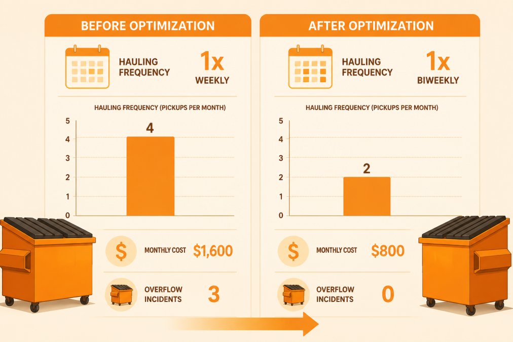 Bar chart comparing hauling frequency and cost before vs. after schedule optimization, showing weekly pickups dropping to biweekly with zero overflow incidents