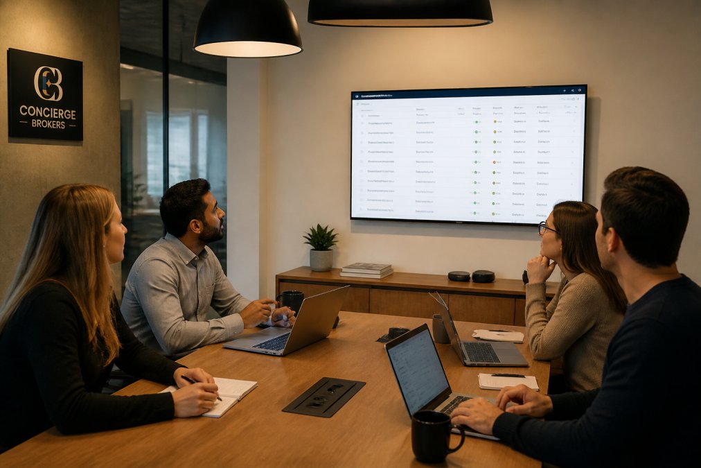 A small operations team gathered around a conference table with laptops open, reviewing a shared project management dashboard on a wall-mounted screen in a modern office, warm overhead lighting and collaborative atmosphere
