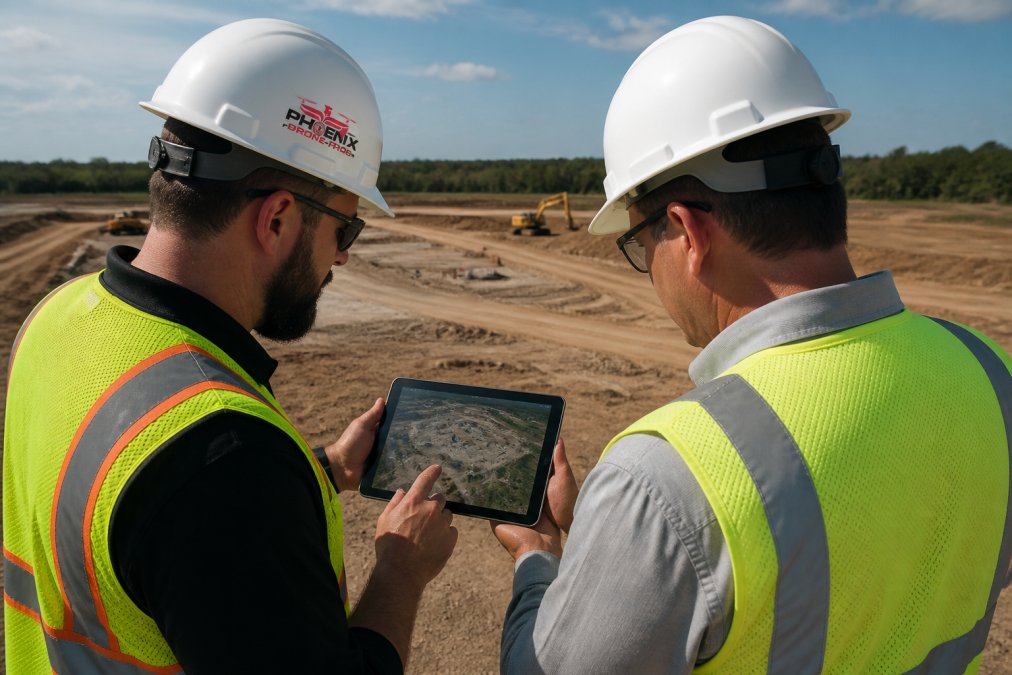 Drone pilot in field reviewing flight data on tablet with construction manager examining aerial imagery and 3D models on site during project progress documentation