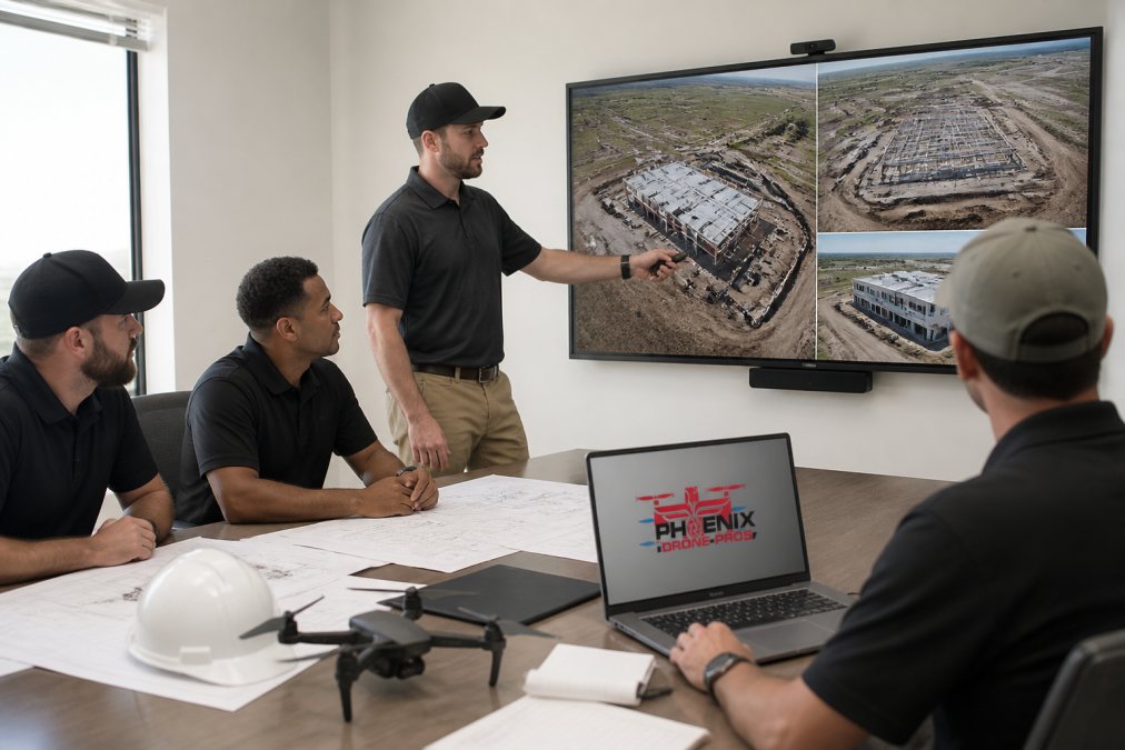 Team of professionals in office examining large monitor displaying 3D aerial models and construction progress documentation while discussing site mapping data and project timelines
