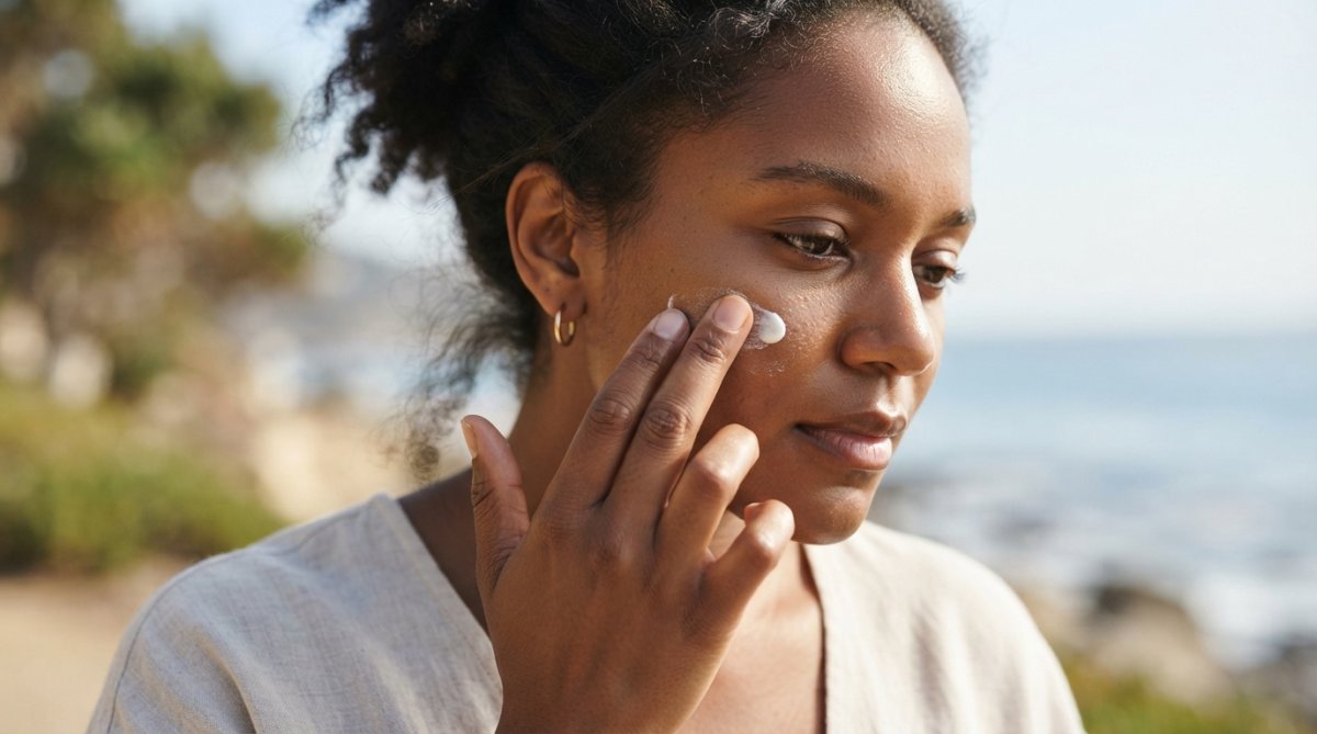 Close-up of a person with medium-deep skin tone applying a small dot of mineral sunscreen to their cheek and blending it in with their fingers, showing the product disappearing into the skin without a white residue