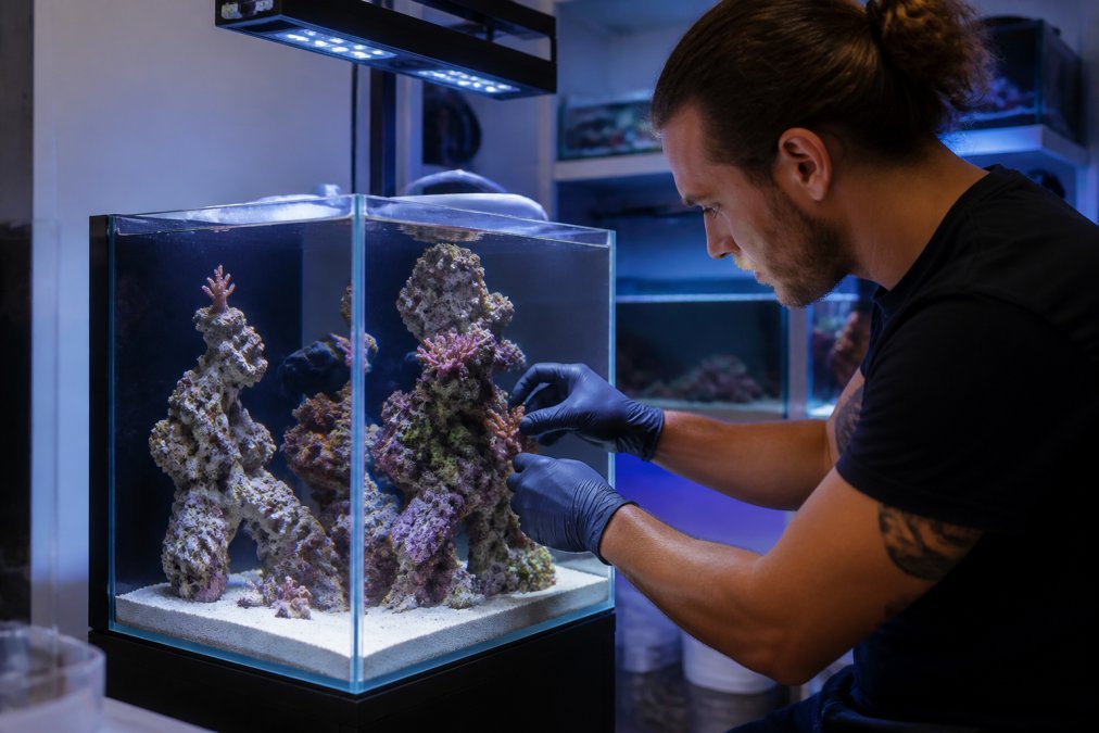 Professional aquascaper arranging live rock and coral frags in a modern rimless nano reef tank with natural studio lighting, showing vertical rock structures and careful spacing