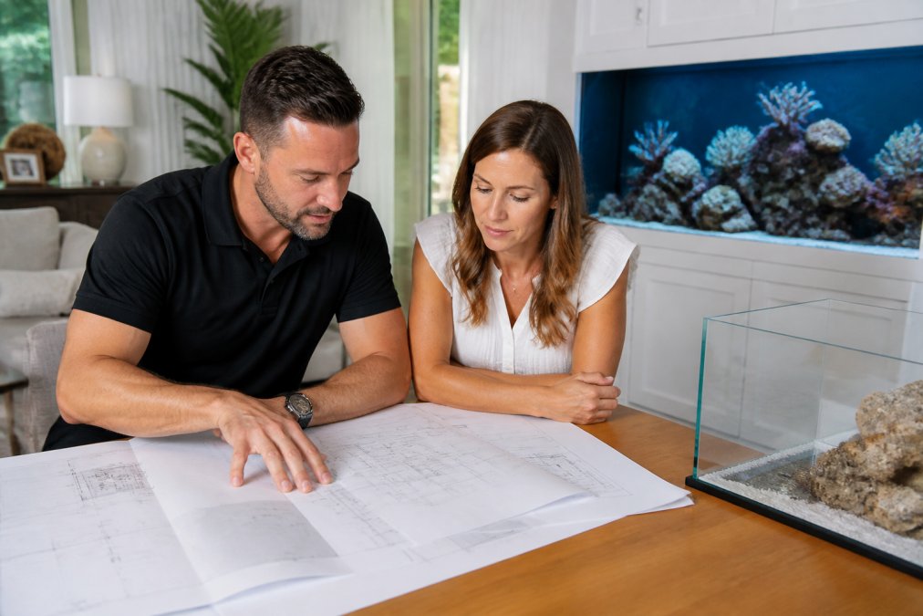 A professional aquarium designer and homeowner reviewing blueprints and tank placement options in a bright living room, with a large glass aquarium visible in the background
