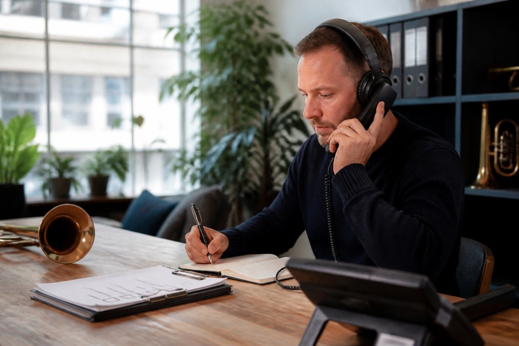 Eventorganisator zittend aan bureau met koptelefoon, notitieboek en checklist, voerend telefonisch interview met referent in moderne kantooromgeving